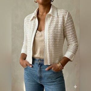 Vintage Ribkoff Trends White Sheer Rippled Textured Zip Front Blouse Jacket M